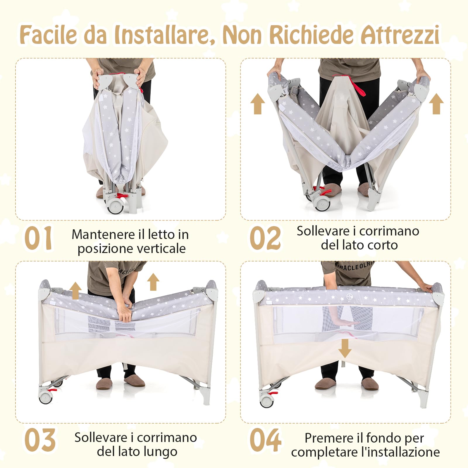 RELAX4LIFE 5 in 1 Lettino da Campeggio per Bambini, Culla Neonato con Fasciatoio e Cingia Fissagio, Carillon e 3 Giocattoli Appesi, Adatto a Bambini da 0 a 36 Mesi (Beige)
