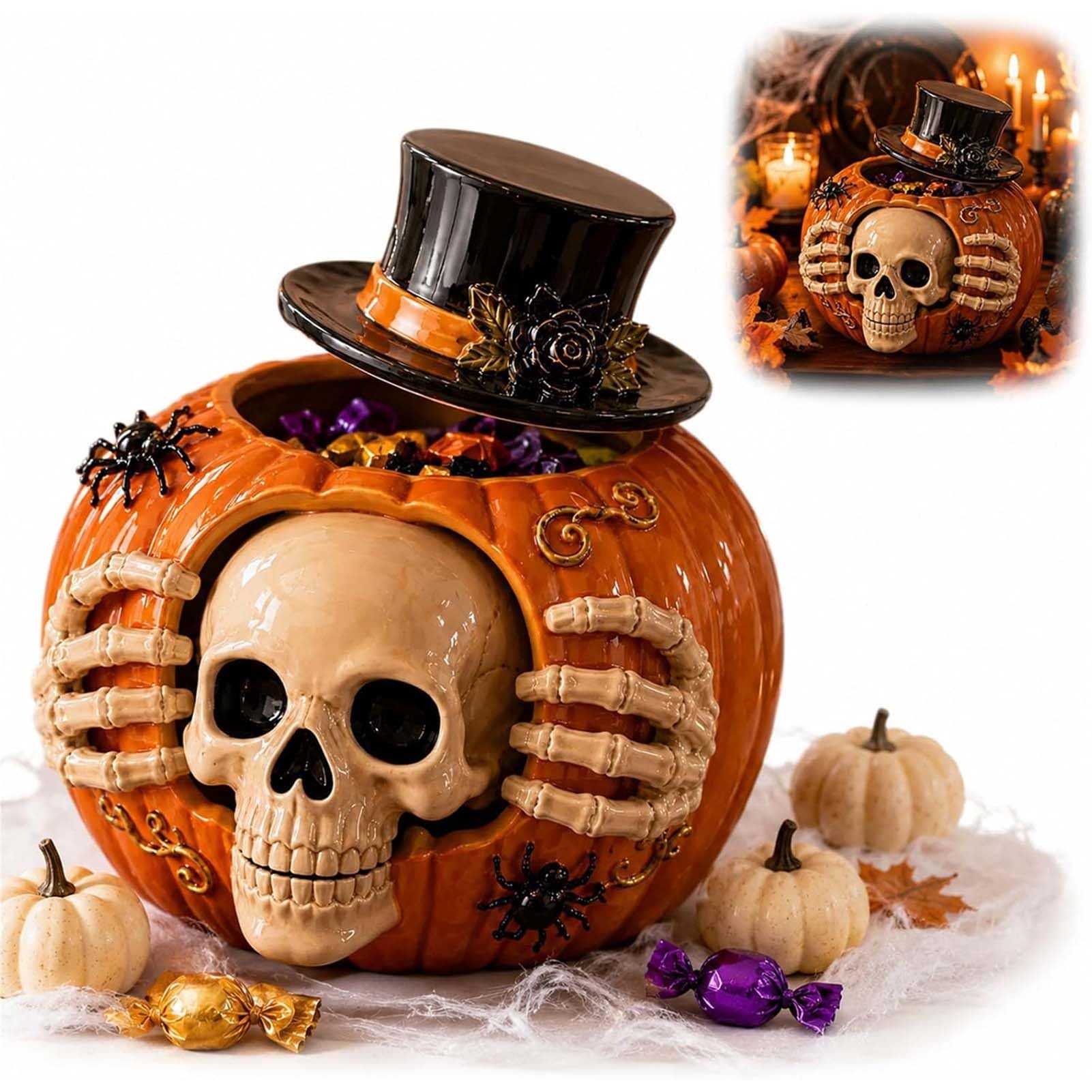 DTSXFTLY Halloween Candy Jar Skull Pumpkin With Removable Top Hat Lid