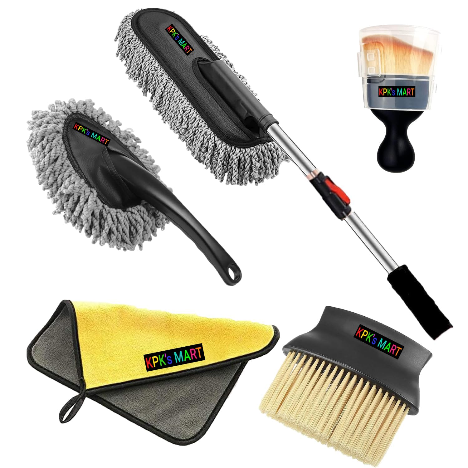 KPK's MART 5 PCs Microfiber Car Duster with Long Handle Car Cleaning Brush Exteriror and Interiror Car Cleaning Cloth Car Ac Vent Cleaner Brush for Car, Motorbike, SUVs Car Cleaning Kit