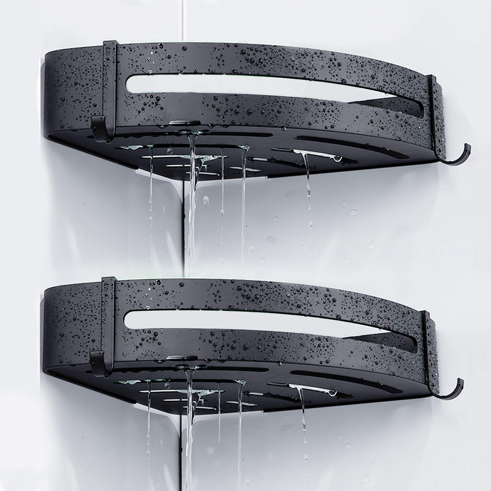 LIUMY 2-Shelf Modern Corner Shower Caddy, Black, Rustproof & Waterproof, 20 lbs Capacity, Adhesive or Screw Mount, Bathroom & Kitchen