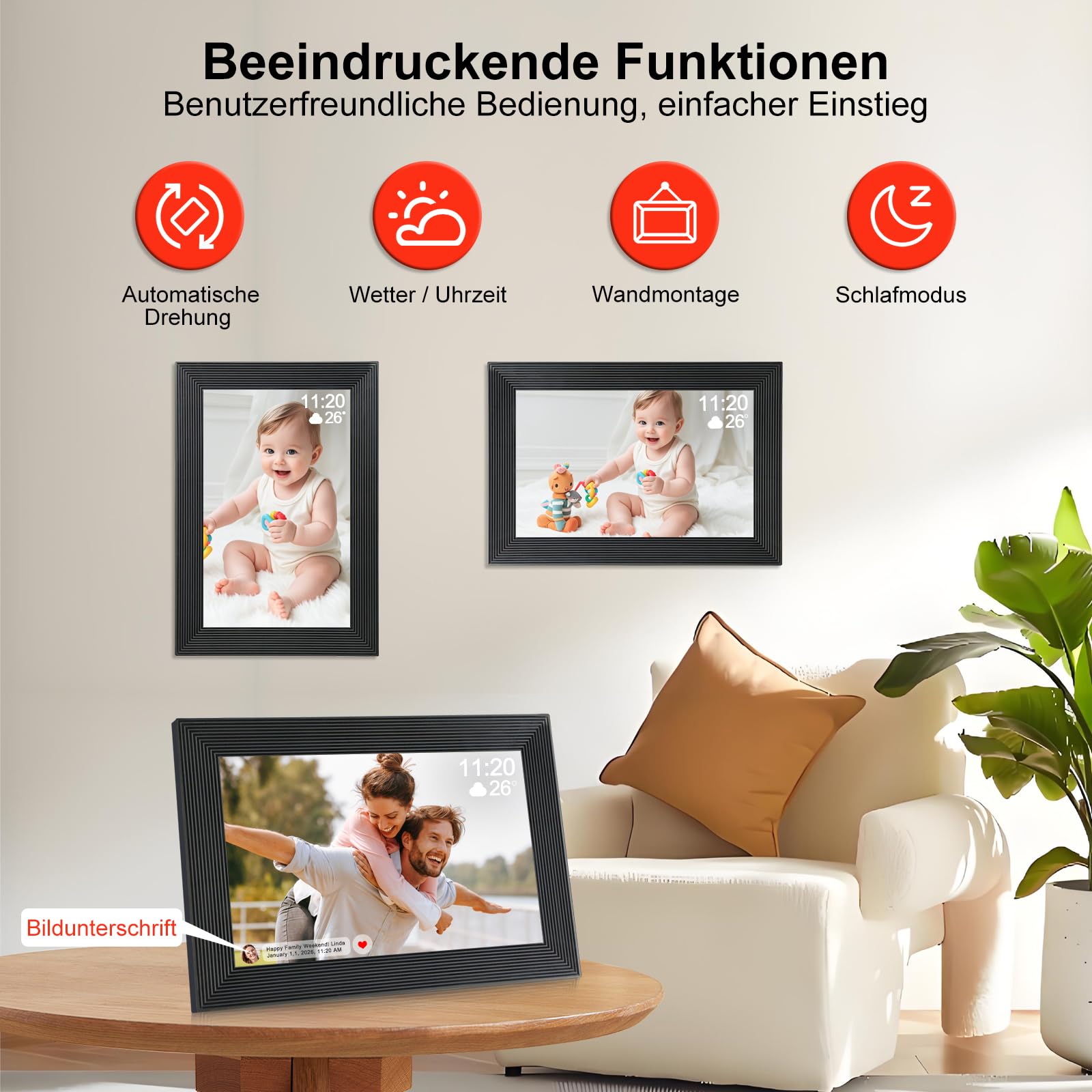Frameo WLAN Digitaler Bilderrahmen 10,1 Zoll Touchscreen elektronischer Foto-Videorahmen 1280 * 800, 16 GB Speicher, Frameo-App, Automatische Drehung, Wandmontage (schwarz)