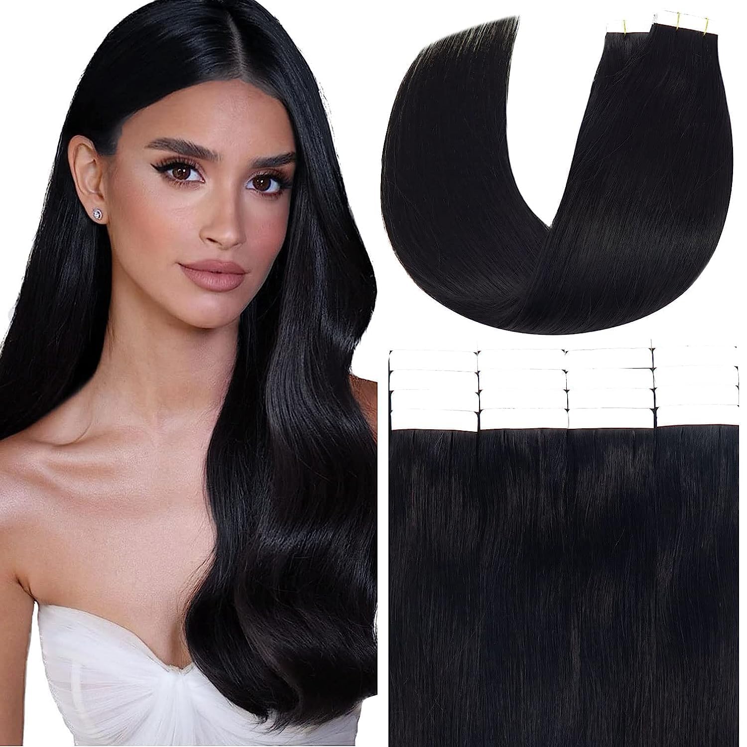 Anrosa Black and Silver Tape in Hair Extensions Human Hair 18 Inch Seamless Invisible Hair Extensions Real Human Hair Tape in Extensions Straight Natural Black to Silver Grey Color 50G 20pcs