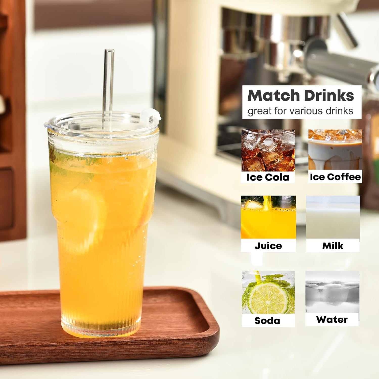 ALINK 20oz Glass Tumblers with Lids and Straws, Set of 4 - Stylish Ribbed Design Drinking Glasses for Iced Coffee Cups, Juice, Smoothies, Cold Beverages, Includes Cleaning Brush, Durable Glassware - Image 3