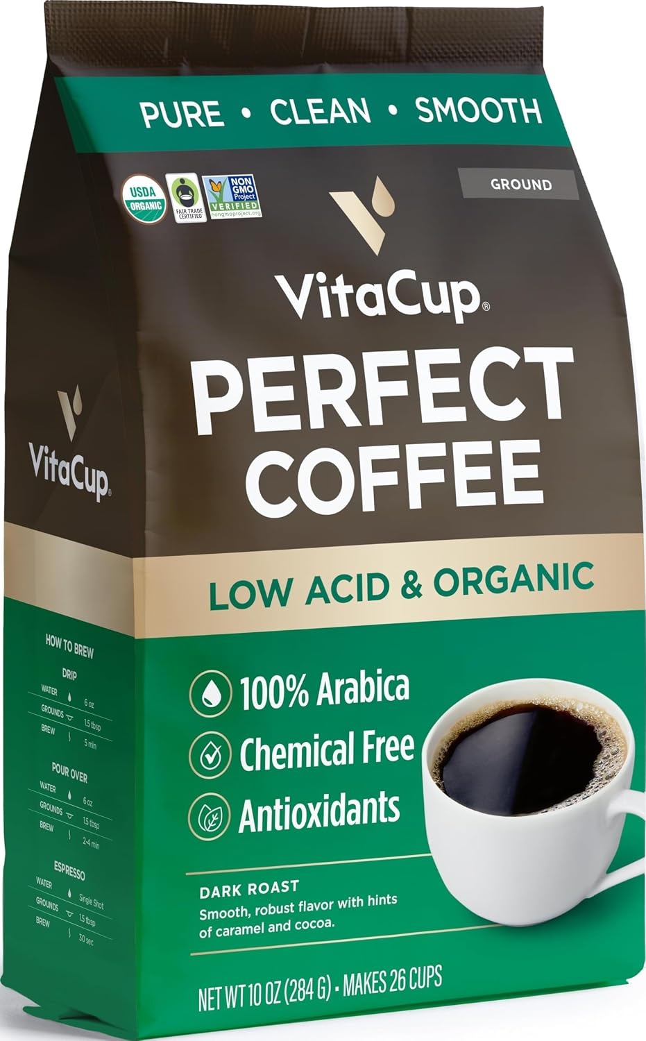  Perfect Low Acid USDA Organic Coffee Ground, Fair Trade, 10oz | Dark Roast, Single Origin, French Press, Drip Coffee Brewers, Mycotoxin Free