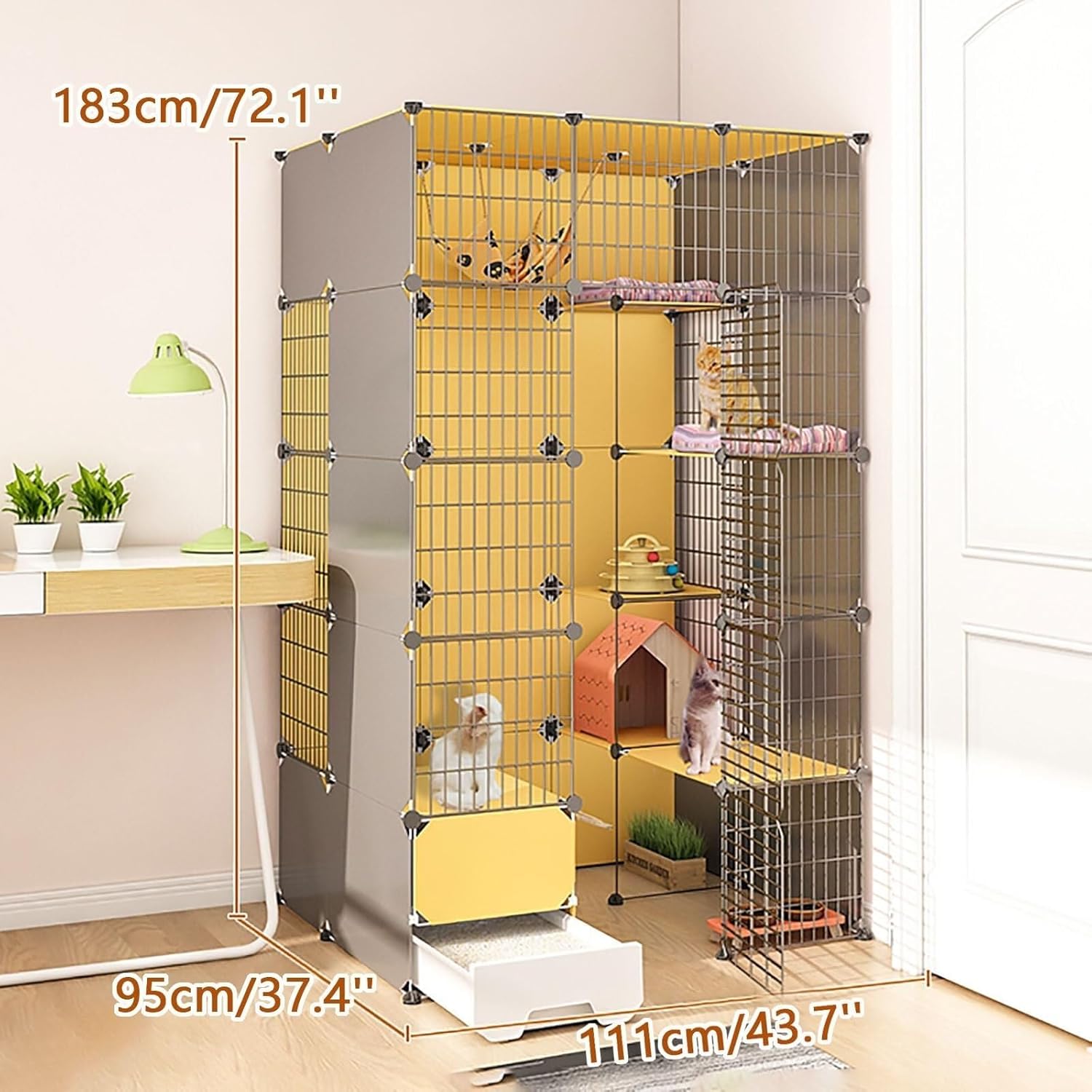 Large Indoor Cat Cage with Removable Litter Box, DIY Metal Wire Cat Playpen & Kennel, Spacious Exercise Pen for Cats(111x95x183cm)
