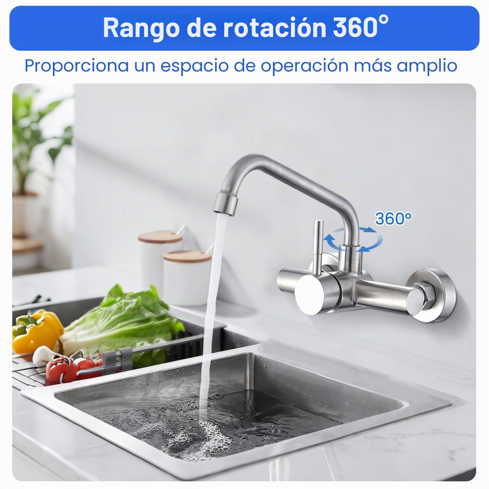 Grifo Cocina de Pared, Grifería de Fregadero Giratorio a 360​°, Grifo de Acero Inoxidable 304 Agua Fría Y Caliente para Fregaderos, Lavabos