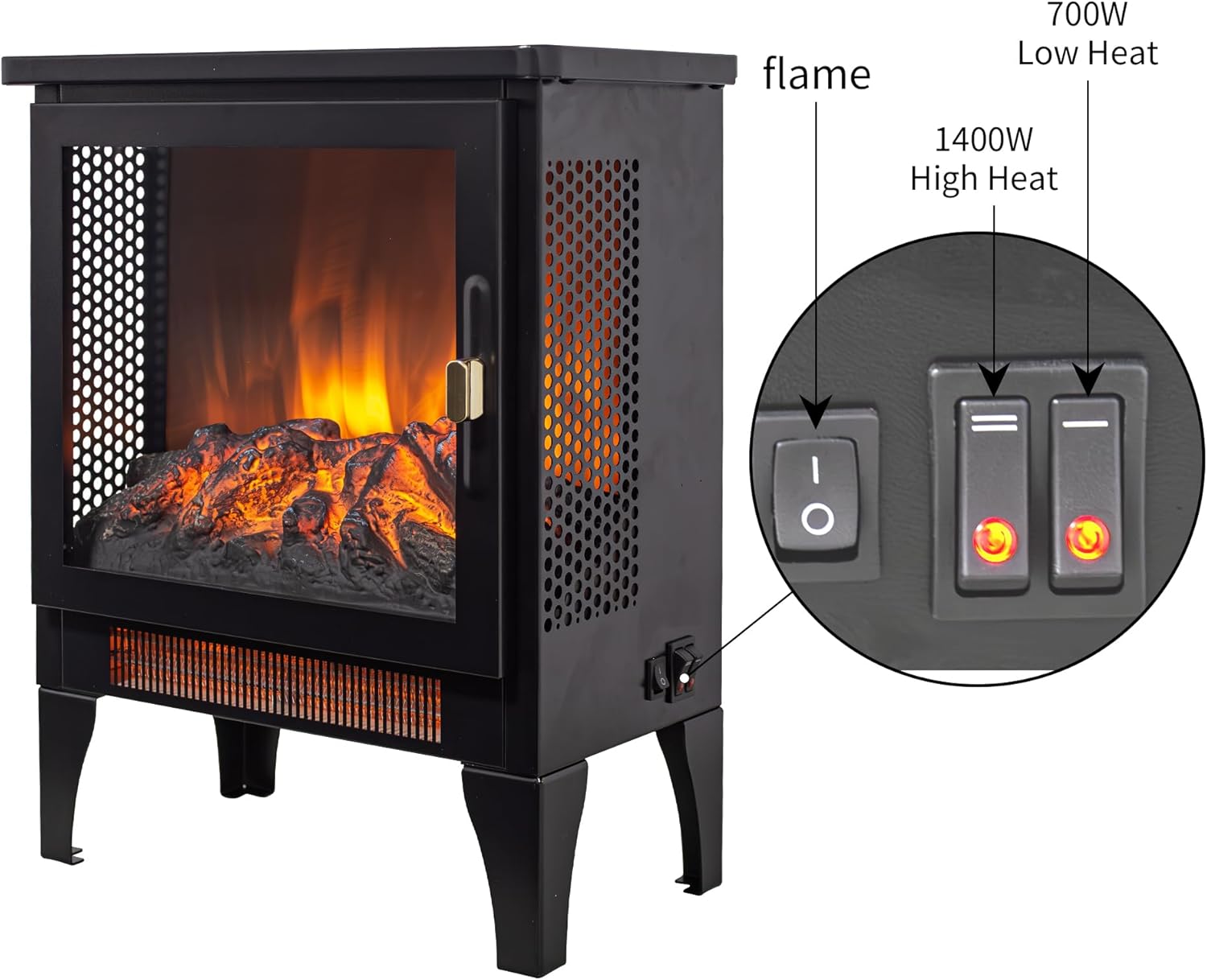 18" Freestanding Electric Fireplace Stove with Realistic Flame, Faux Fake Fireplace Heater with Overheating Safety Protection, 700W/1400W Thermostat, Small Electric Heater for Indoor Use – Black