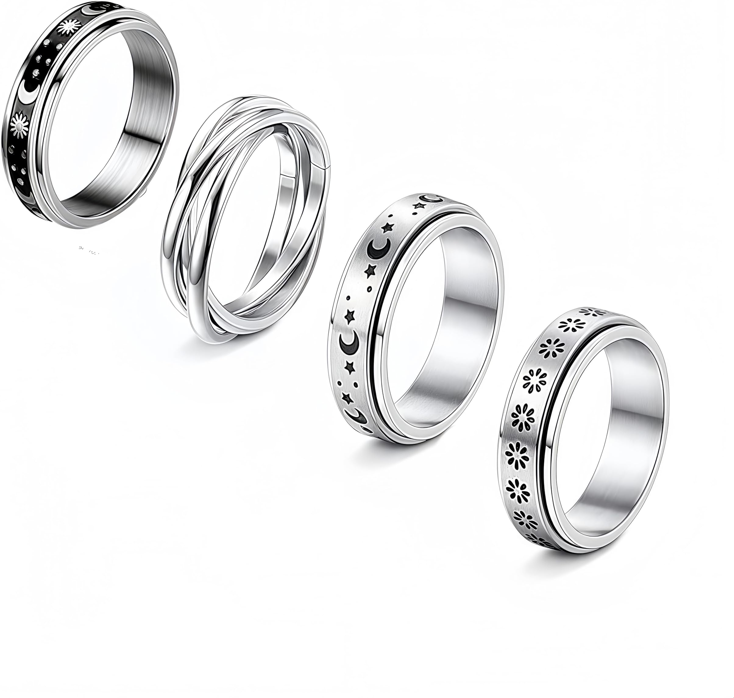 4 Pcs Spinner Rings for Women Stainless Steel Fidget Band Rings Set Moon Star Sand Blast Finish Womens Ring for Stress Relieving Wedding Promise