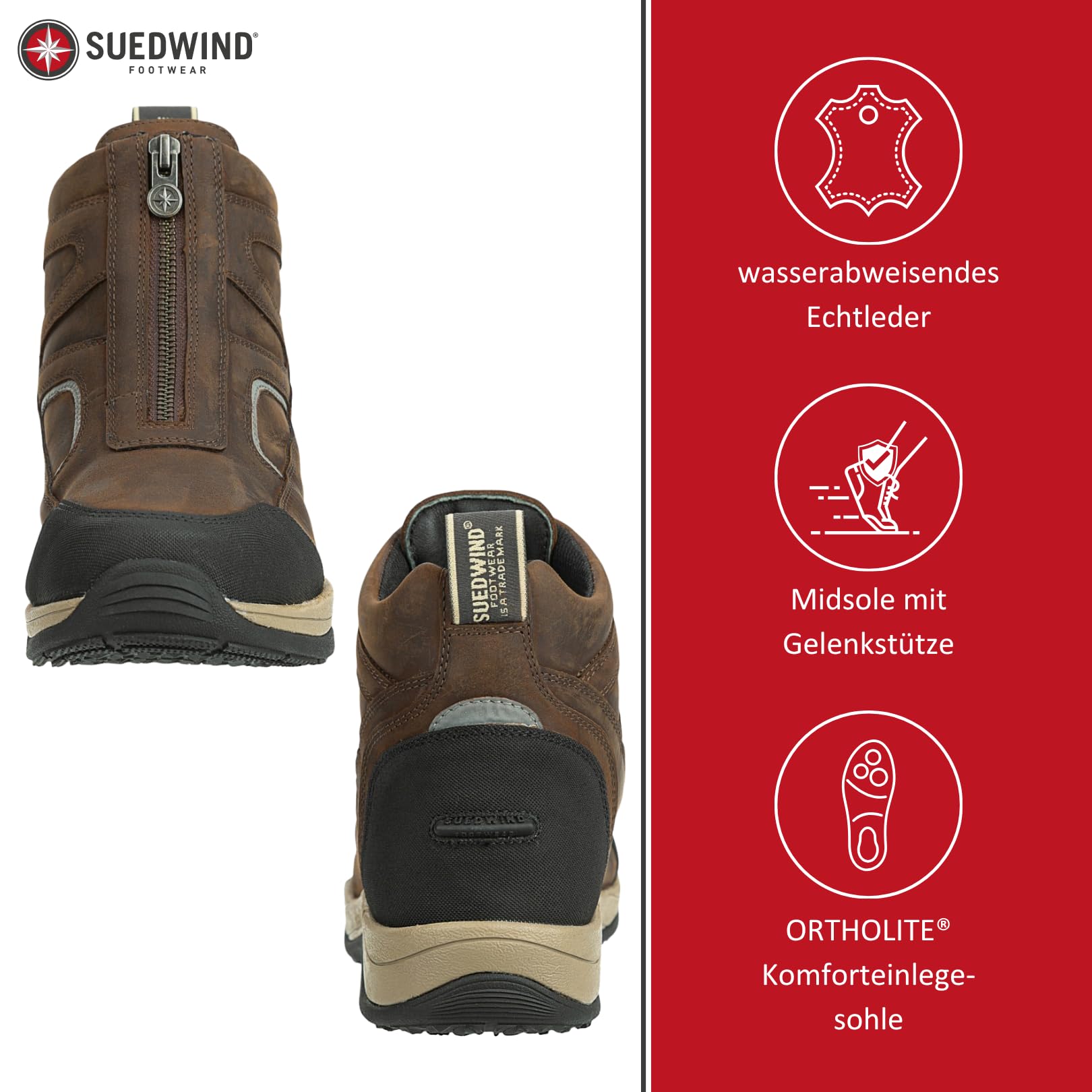 SUEDWIND FOOTWEAR Reitstiefeletten Field FZ GripFTX – Unisex Leder-Stiefeletten – Stall & Gelände Allwetterstiefeletten – Front-Zipper, Micro-Dry-Futter, GripFTX-Sohle – chocolate – 36-46
