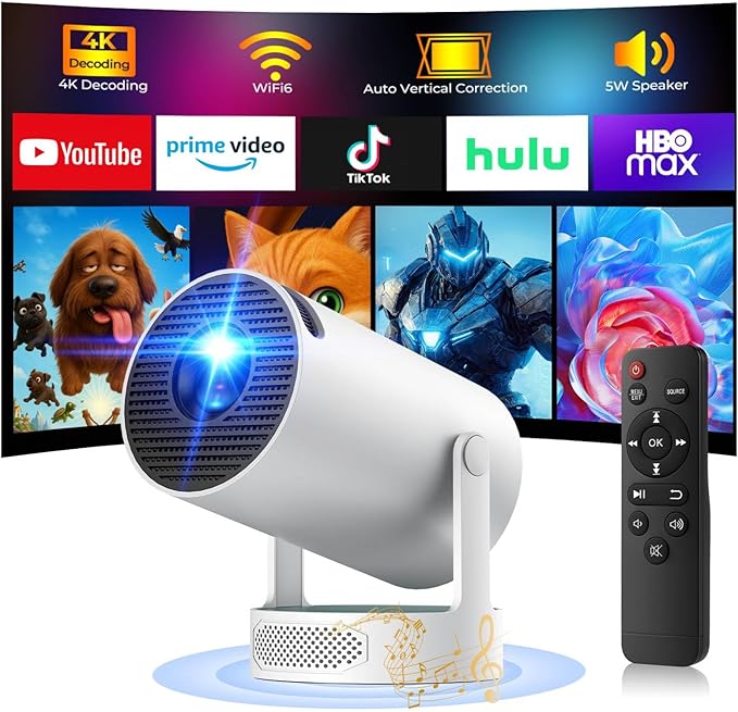 Videoprojecteur 4K Upgraded, Mini Projecteur Video Android 11 WiFi 6 BT 5.4 avec Haut-Parleur, Retroprojecteur Portable 1080P Auto Keystone 220° Rotation Compatibile avec HDMI/TV Stick/USB/PS5