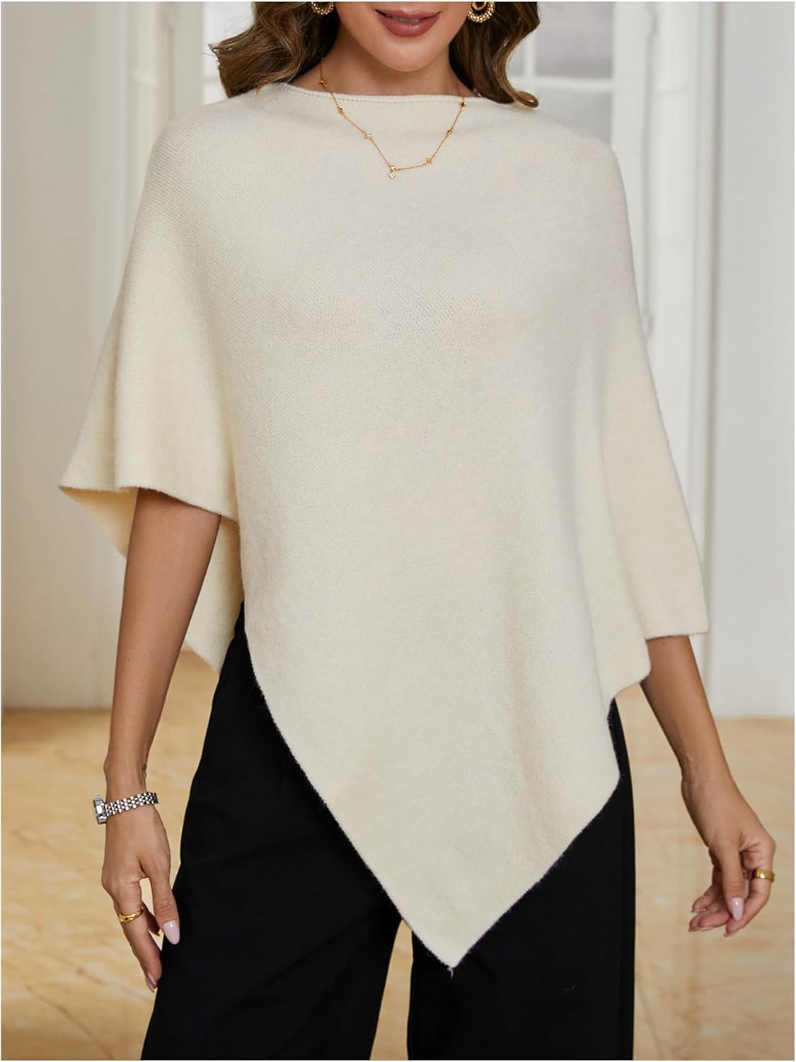 MakeMeChic Women's Poncho Sweater Boat Neck Asymmetrical Business Pullover Knit Top - Image 4
