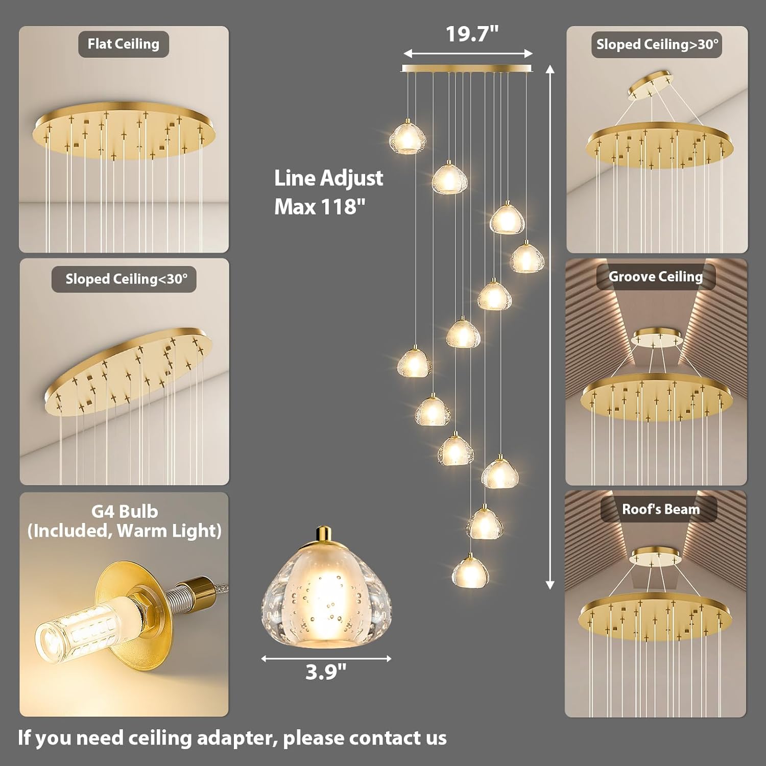 Modern LED High Ceiling Chandelier: 12 Lights Gold Bubble Crystal Ball With 3000K Warm Bulb Long Spiral Staircase Chandelier - Large Foyer Chandeliers For High Ceilings Living Room Entryway Stairs