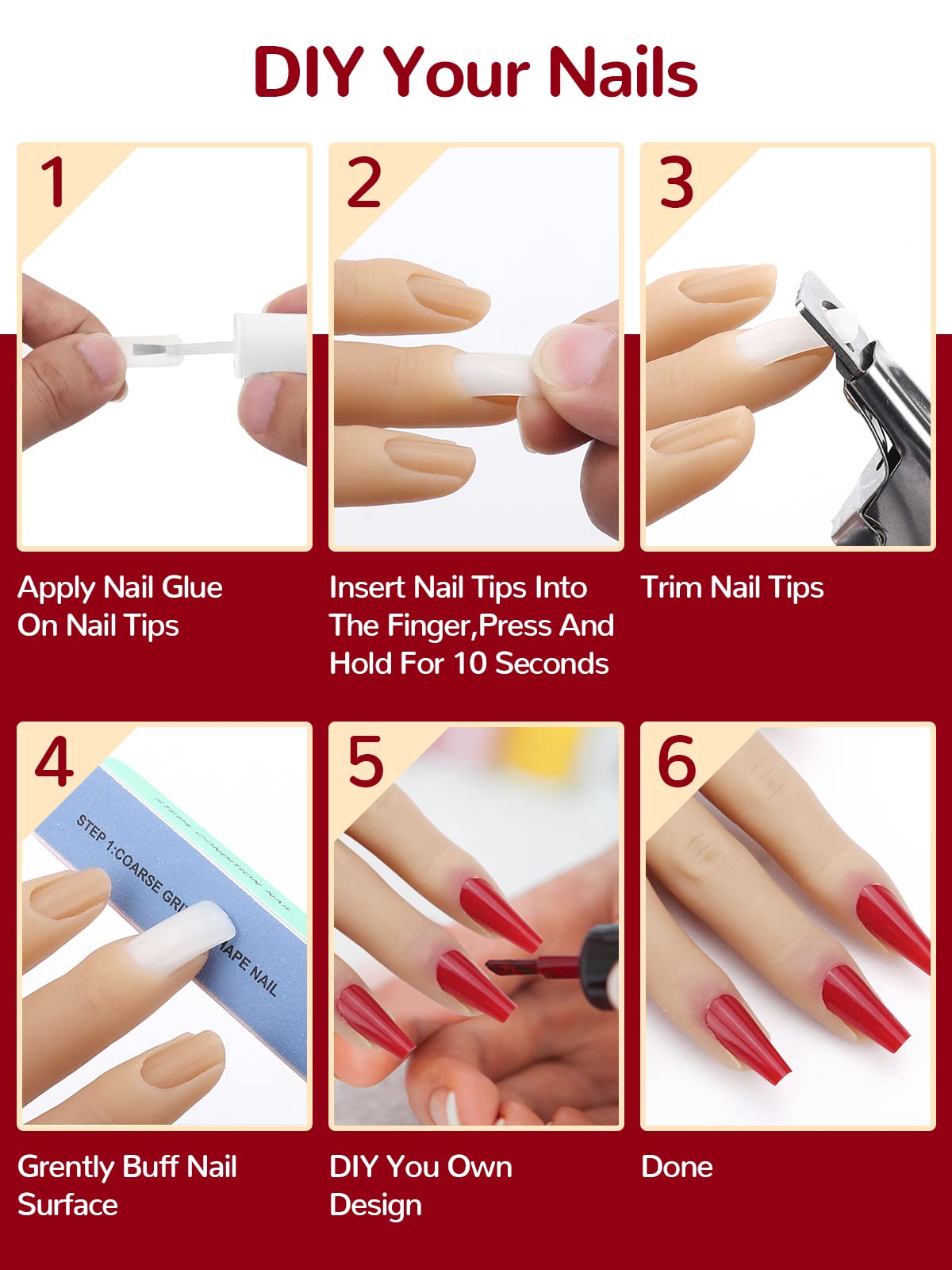Yokilly Mano de práctica para diseño de uñas, mano de silicona para uñas de gel, 100 unidades de uñas artificiales, uñas falsas, manos de ejercicio, modelo de ejercicio, manicura, juego de manicura