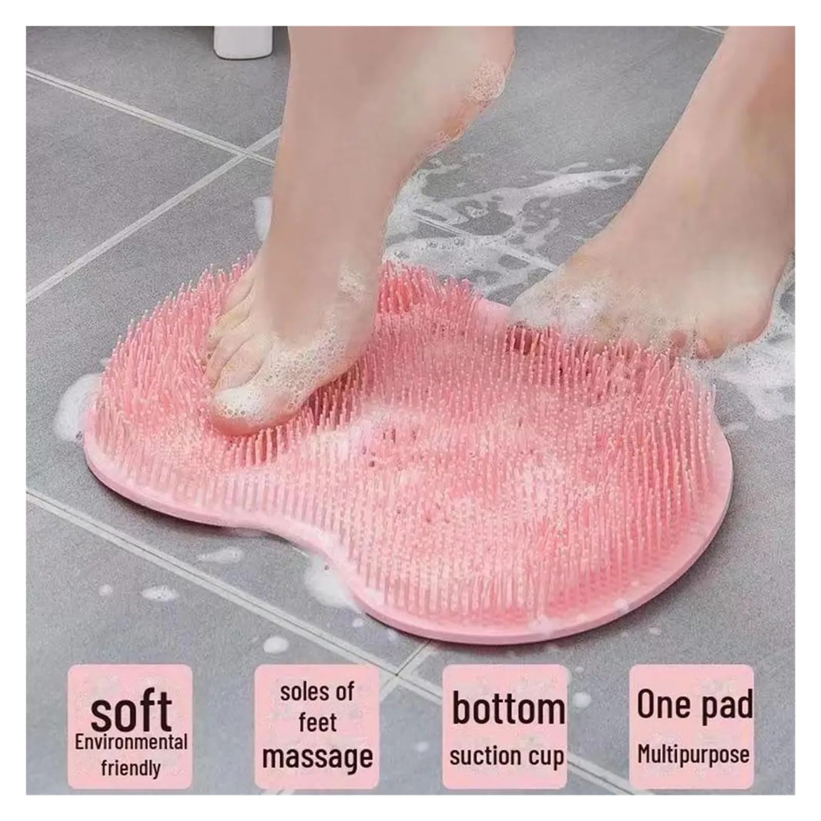 Silicone Shower Foot Scrubber Back Brush Non-Slip Bath Mat Exfoliating (Pink)