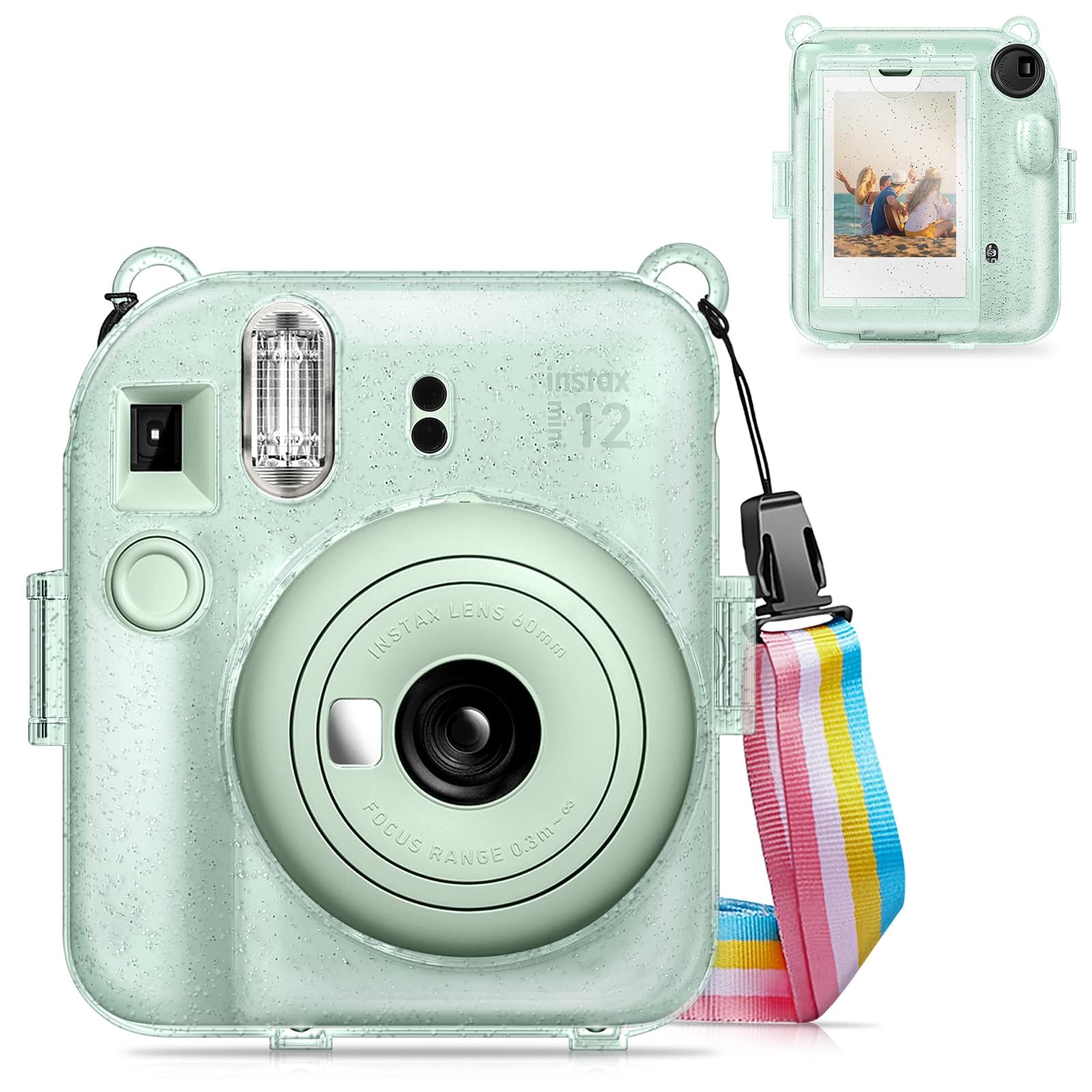 eWINNERProtective Clear Case for Fujifilm Instax Mini 12 Instant Camera/Crystal Hard Shell Cover w/Upgraded Film Pocket for Storing Photos & Removable Shoulder Strap (Instax Mini 12, Shiny Green)
