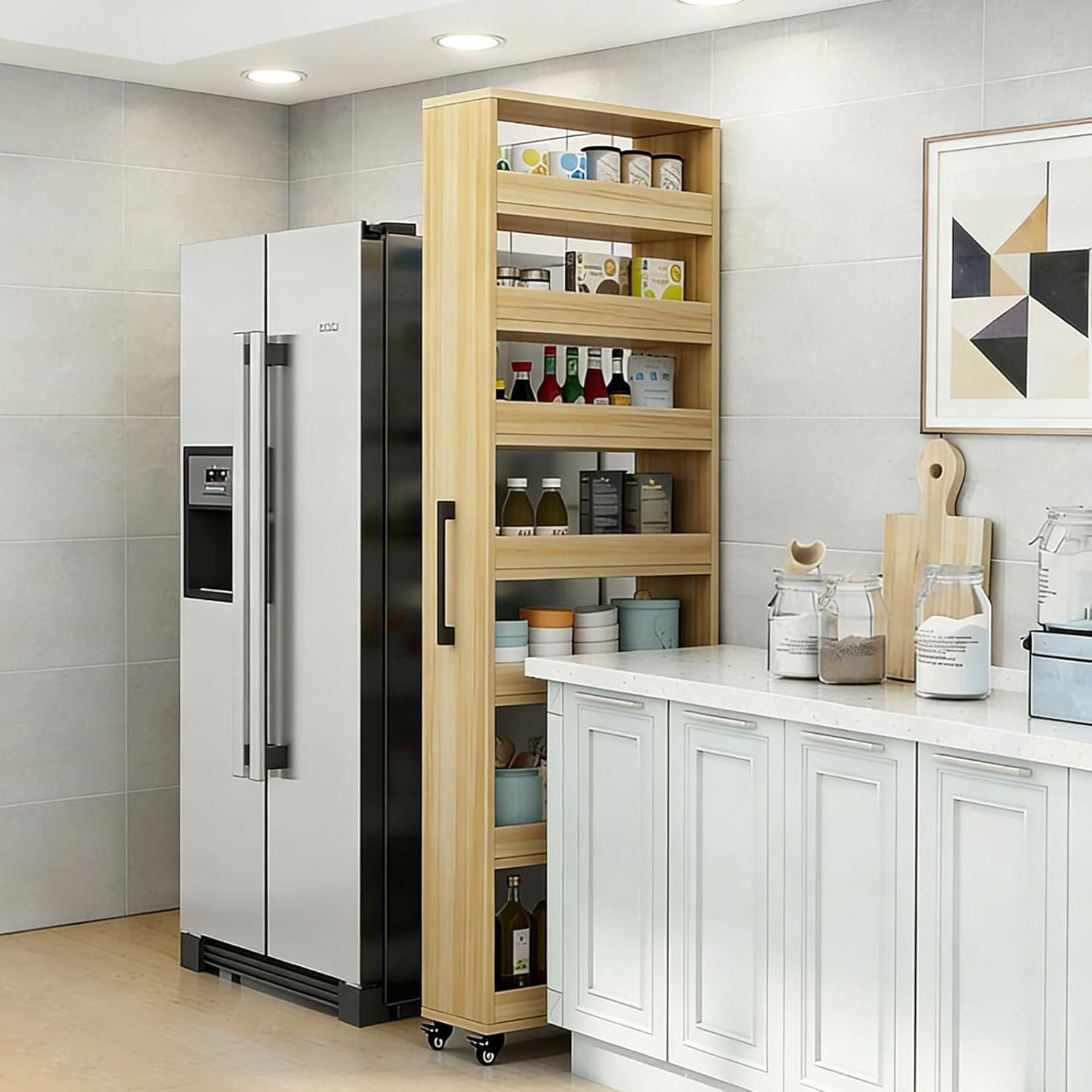 7-Tier Slim Storage Cart, Wooden Rolling Pantry Cabinet with Wheels, Narrow Shelf Organizer for Kitchen, Bakers Rack, Dining Room, Closet,Natural,W5.9×D21.7×H72.4