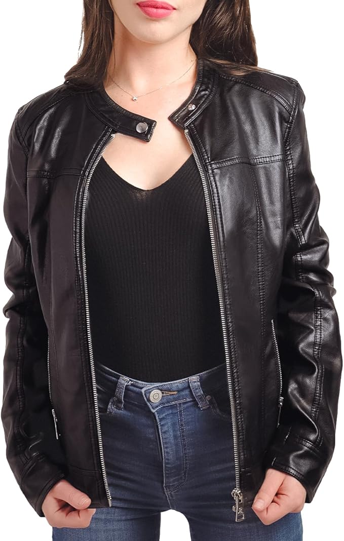 QUEEN HELENA Giacca Biker In Ecopelle Moto Giacchetta Casual Elegante Motociclista Giubbino Corto Donna Y (S, Nero