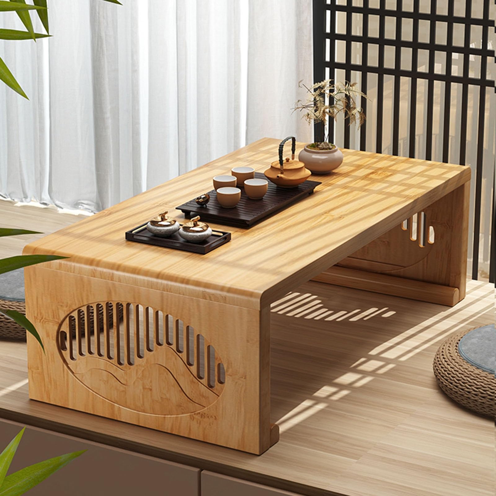 Table à thé pliable en bambou – Table basse élégante pour salon et balcon en bois massif avec sculpture traditionnelle, pas de montage nécessaire, supporte 100 kg, bords lisses, design compact
