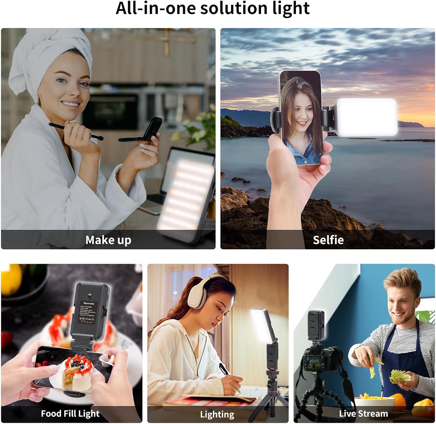 Newmowa Multifunctional Selfie Light with Phone Clip, Rechargeable Portable Light for Phone, Camera, 3 Light Modes, Folding for Selfie/Video Conference/Zoom Call/Live Stream/Makeup/TikTok