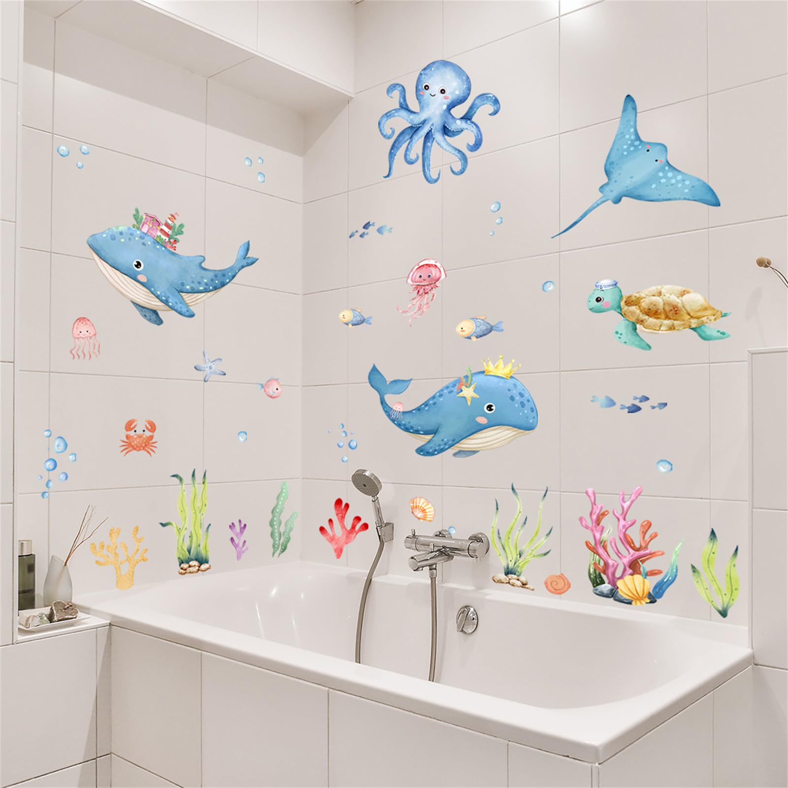 Under the Sea Wall Stickers for Kids Bathroom Watercolor Ocean Animal Wall Decals with Whale, Octopus & Turtle