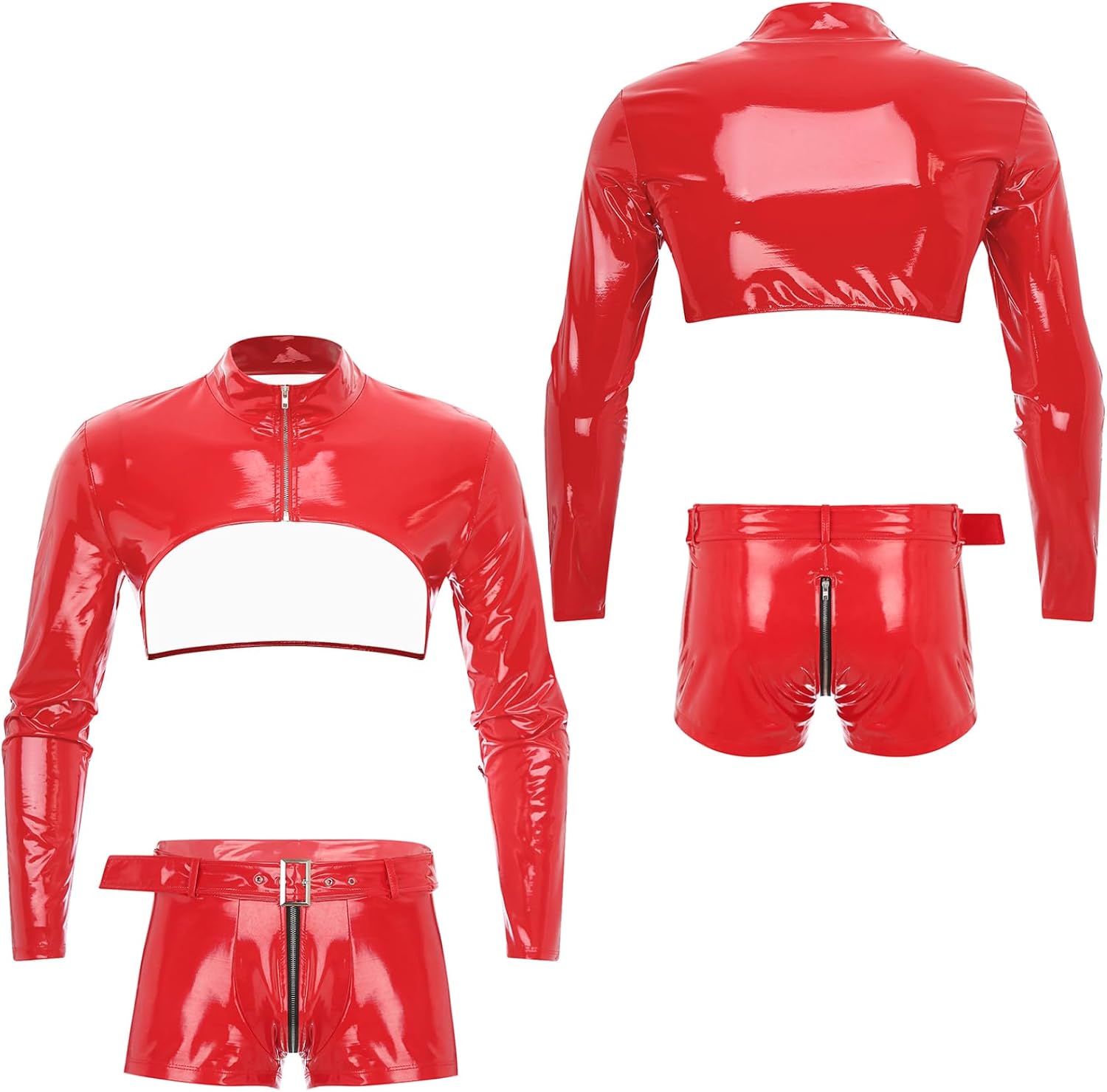Jhaoyu Men's PU Leather Suit Zip Up Half Crop Top Zipper Crotch Boxer Briefs with Belt Clubwear