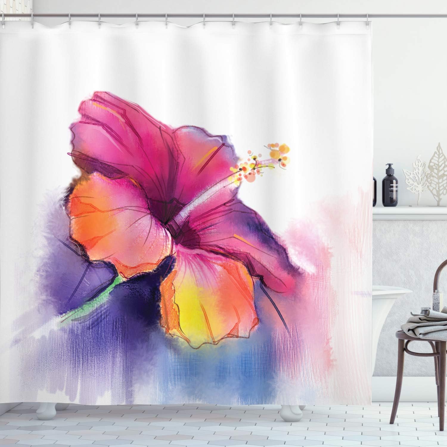 Ambesonne Flower Shower Curtain, Hibiscus Flower in Pastel Abstract Colorful Romantic Petal Pattern Art Print, Cloth Fabric Bathroom Decor Set with Hooks, 69" W x 70" L, Pink Tones