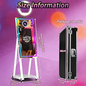 Magic Mirror Photo Booth with 21.5 Inch Touch Screen, Portable Photobooth Machine with RGB LED Fill Light & Flight Case for Weddings Parties Events (Black, Photo Booth)