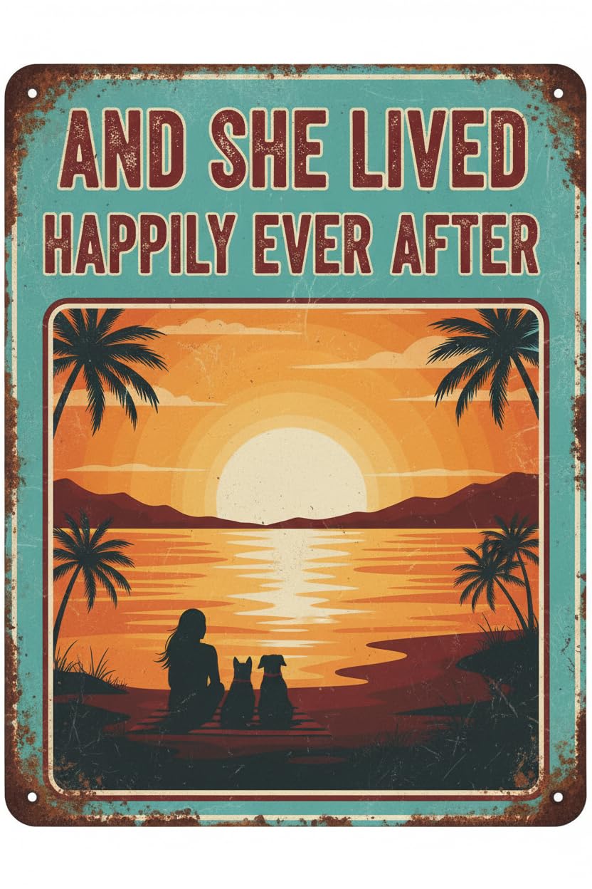 Plaque Metal Sign Dog Surfing and her Happy Life Girl Tin Sign Vintage Art Wall Decor Sign for Home Bar Pub Cafe Farm Room 8"x12" with Black Metal Framed