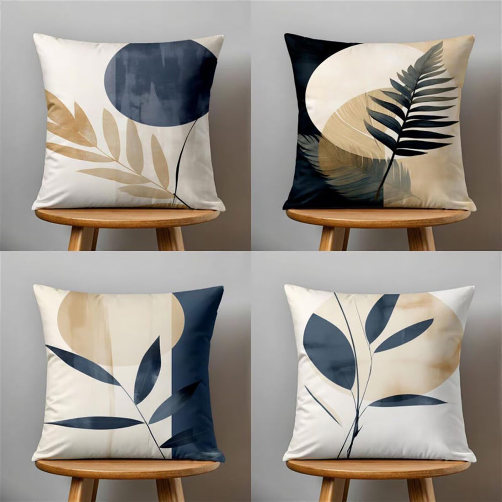 Heaen Outdoor Cushion Covers 45x45 cm Set of 4 Waterproof Linen Throw Pillowcases Blue Leaves Square Decorative Pillow Covers for Garden Patio Furniture