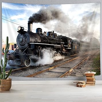 VeiVian Steam Engine tapestry, Antique Train on Railroad Track Tapestries, Express Train Railways Theme Tapestry Wall Hanging for Bedroom Dorm Living Room, 71X60IN