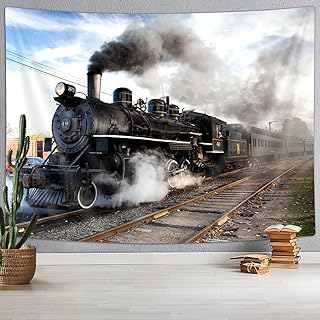 VeiVian Steam Engine tapestry, Antique Train on Railroad Track Tapestries, Express Train Railways Theme Tapestry Wall Hanging for Bedroom Dorm Living Room, 71X60IN