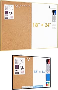ARCOBIS Cork Board White Board Combo, 24 x 18 Inch Bulletin Board-Gold Frame, Magnetic Dry Erase Board & Corkboard and 12"X16" Small Bulletin Board for Wall