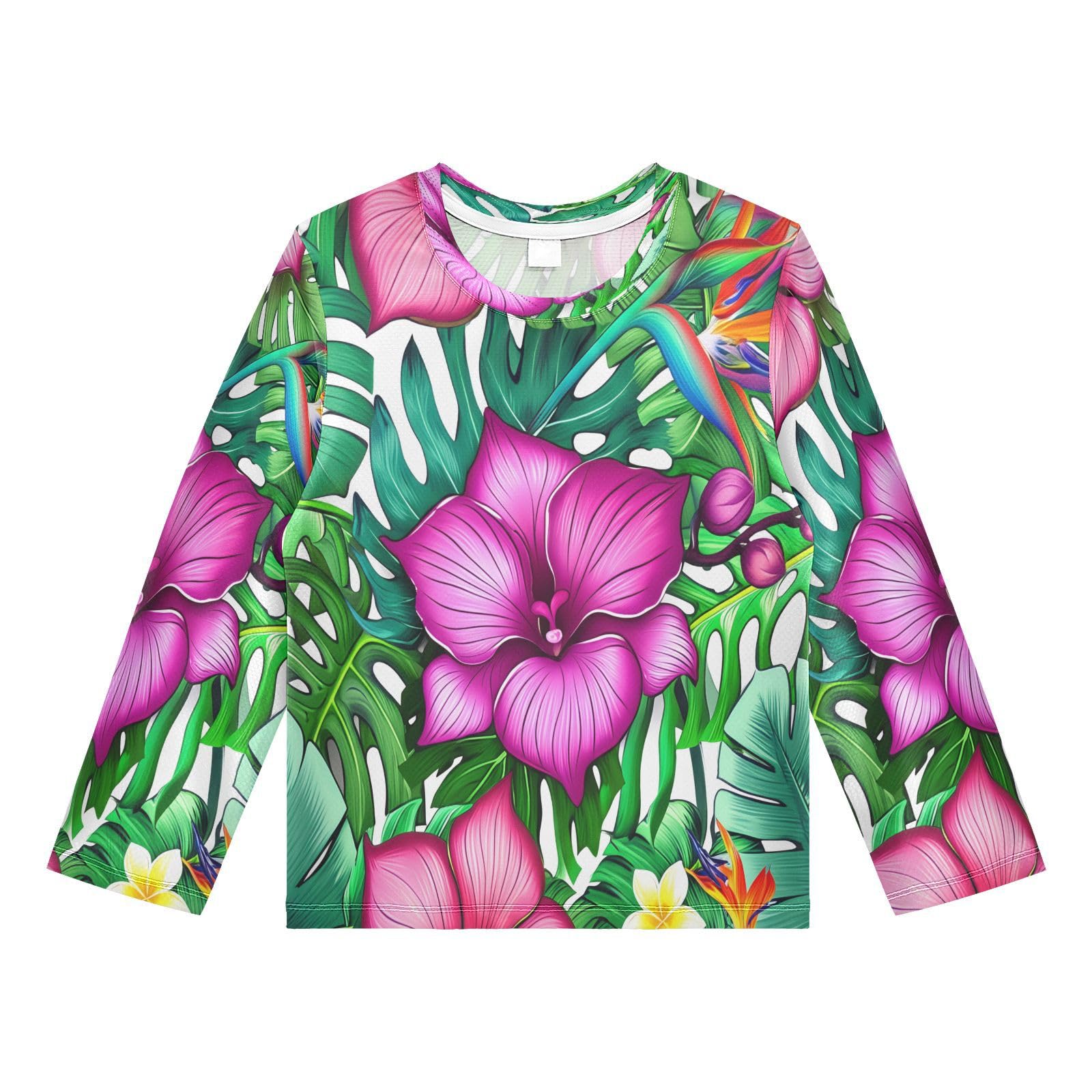 DOMIKING Monstera Red Flowers Boys Long Sleeve Rashguard Shirt Kids Quick Dry Swim Shirt for Kids Toddlers 11-12T