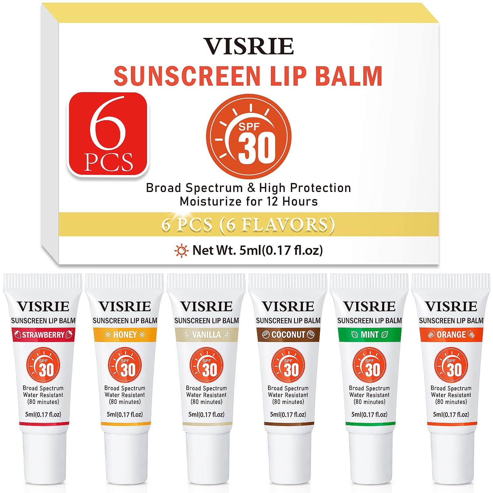VISRIE SPF 30 Sunscreen Lip Balm 6 Pack,Clear SPF Lip Gloss UVA/UVB Sun Protection, Moisturizing Lip Sunscreen with Vitamin E and Shea Butter, Travel