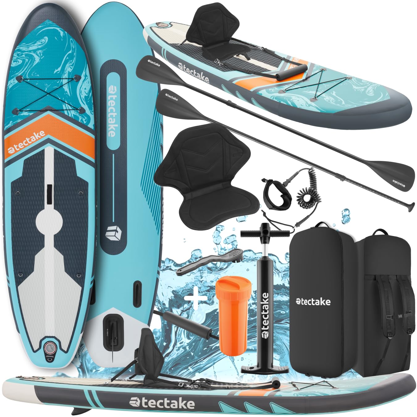 tectake® Tabla de Paddle Surf Hinchable, Incluye Remo 2 en 1, Asiento de Kayak, Bomba de Aire, Mochila de Transporte, Stand Up Paddle, Accesorios Paddle Surf, Padel Surf Hinchable