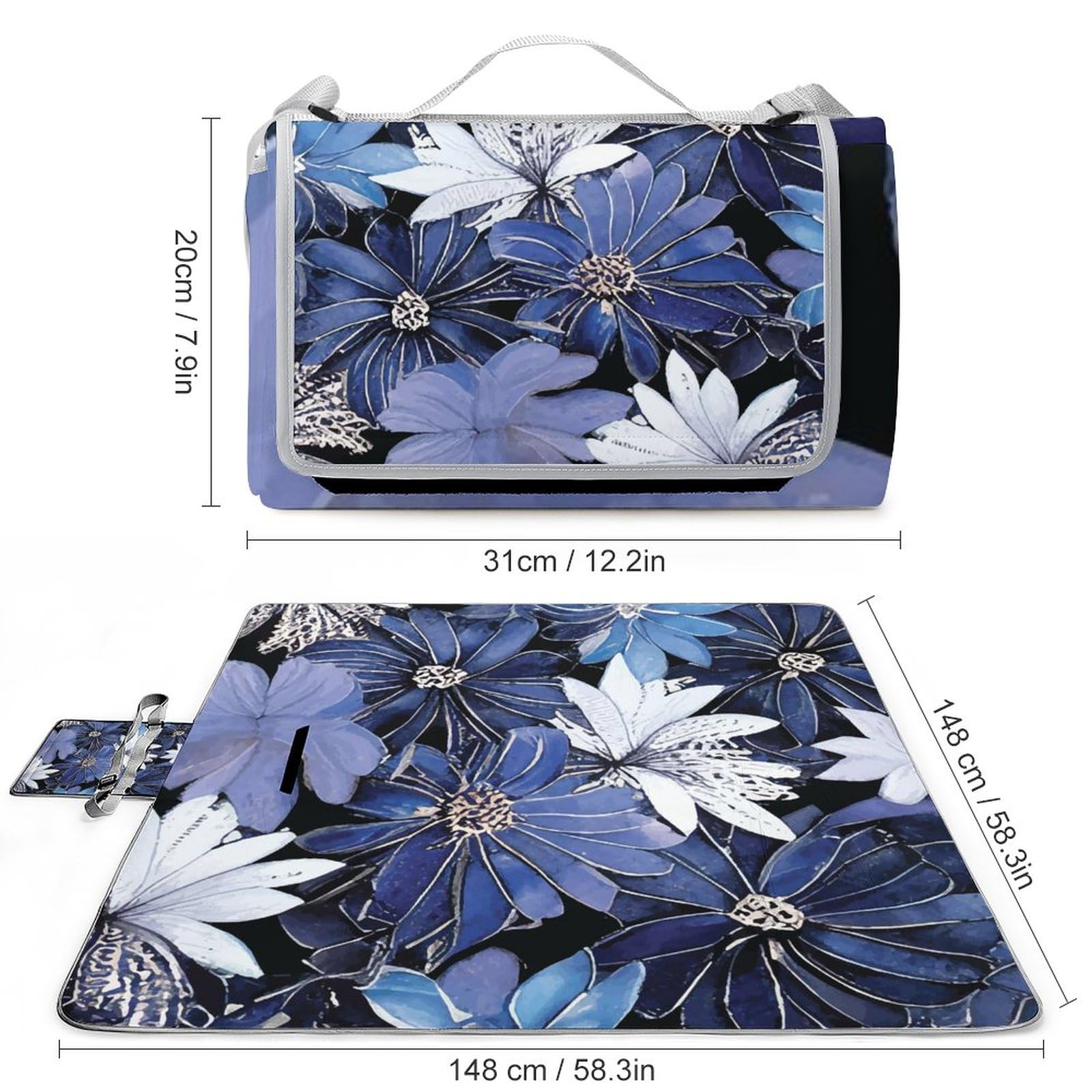 Blue Flower Pattern Picnic Blanket Waterproof Foldable, Large Outdoor Picnic Blanket Beach Blankets Camping Blanket Travel Mat, Shoulder Strap Tote, Rectangle 58x58in