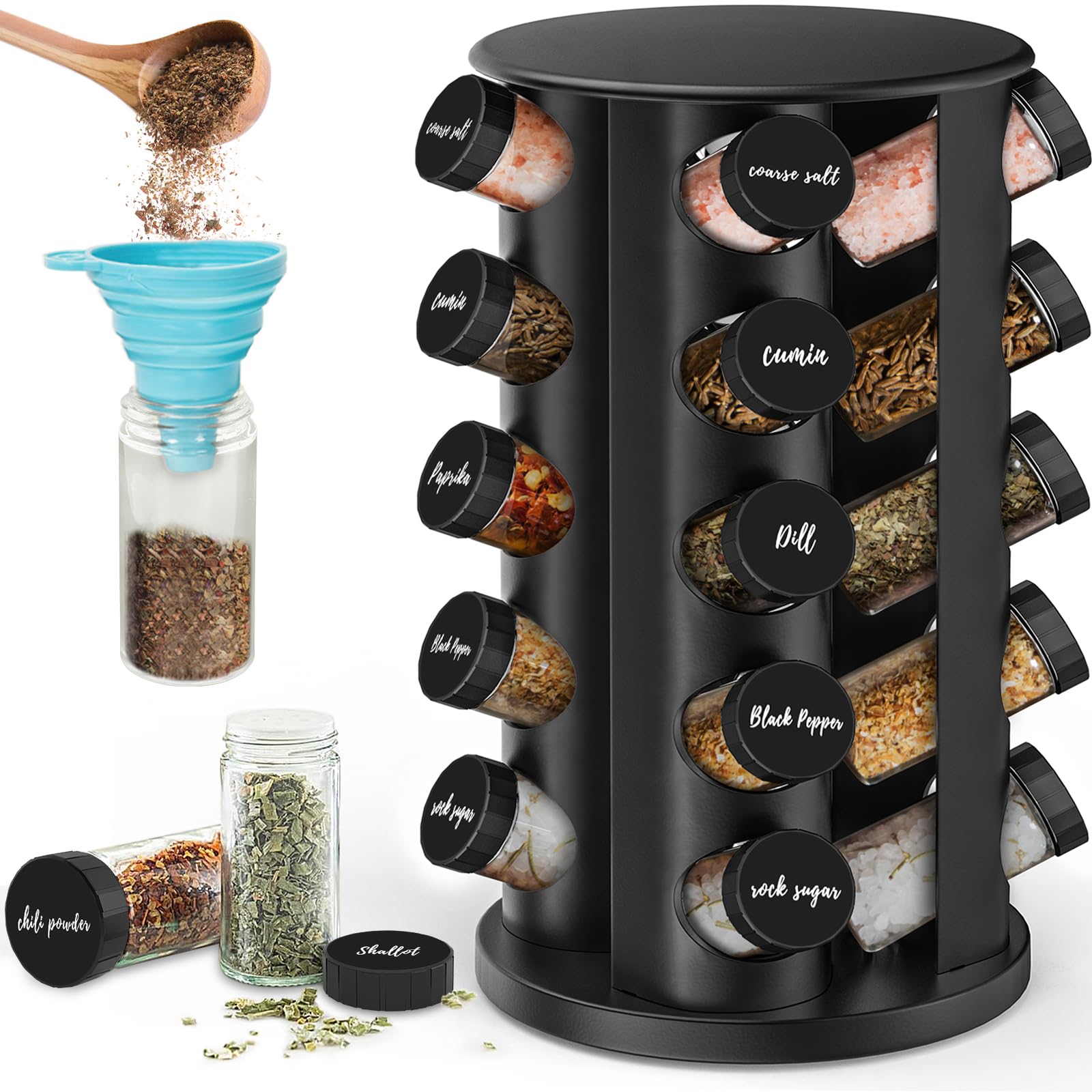 Estante giratorio de especias con 20 vasos de especias,Acero inoxidable | Estante giratorio, Con pegatinas, Funda plegable, Para placa de trabajo o armario