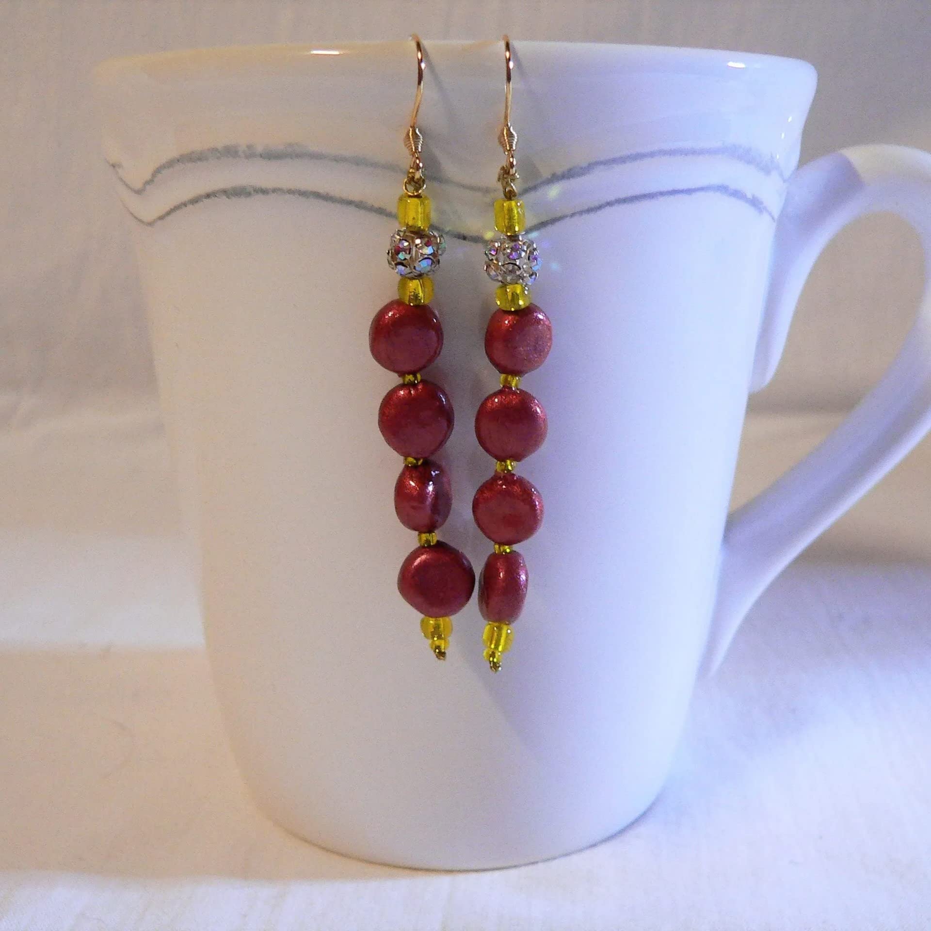 Joyas para mujer: Conjunto de perlas de cerámica, gargantilla, pendientes y pulsera, color rojo