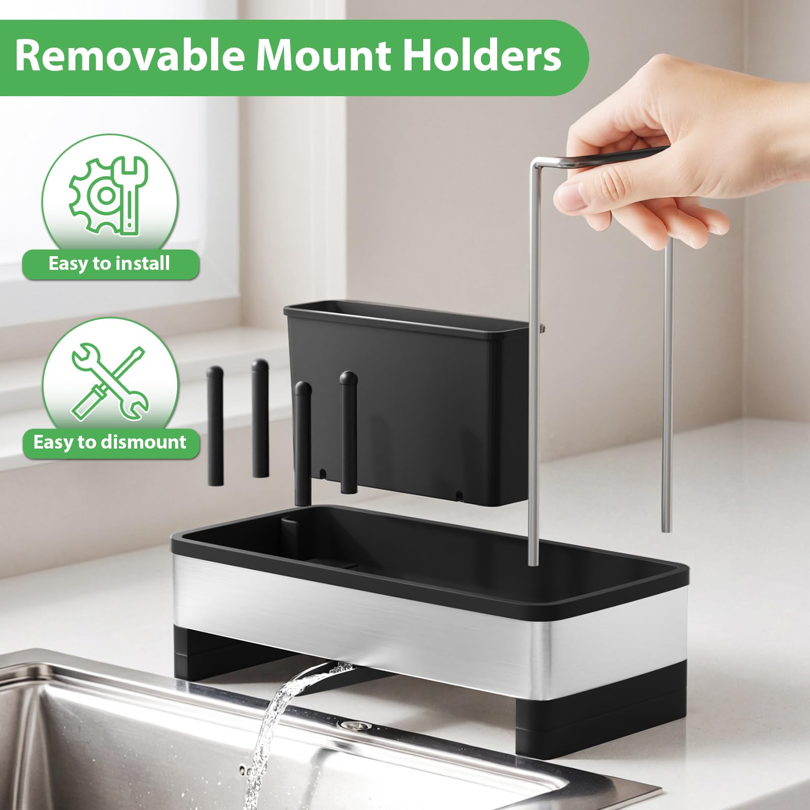 Alyvisun Grande Capacità Porta Spugne Lavello Cucina con Vaschetta di Scarico Autodrenante, Organizer Lavello Cucina in Acciaio Inossidabile, Accessori Multifunzionali per Cucina e Bagno