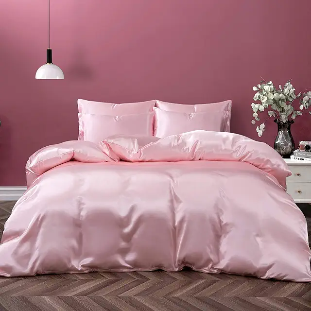 P Pothuiny Satin Duvet Cover Set - Luxury Silky Pink Bedding