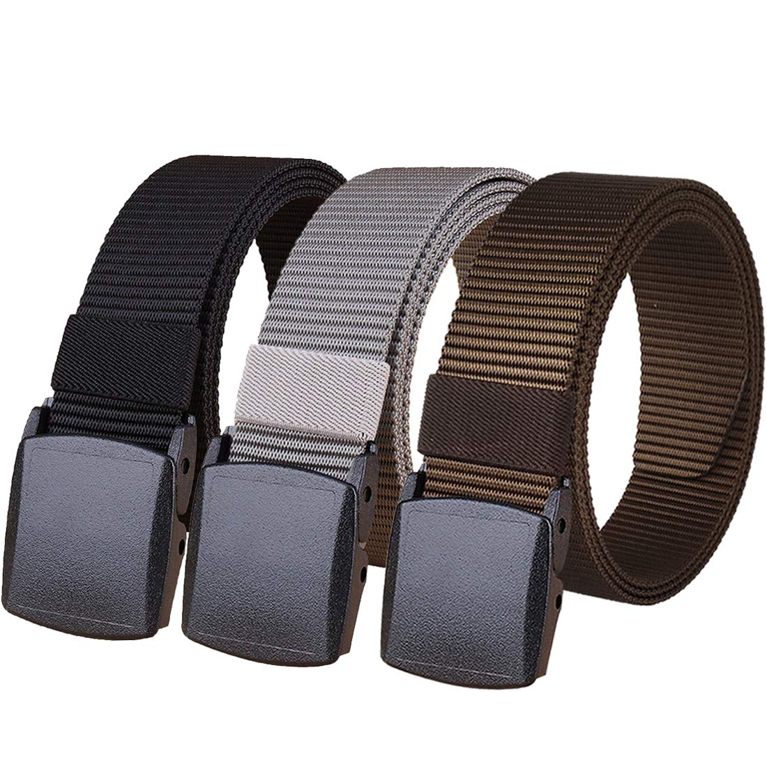 HOANAN 3-Pack Military Nylon Belts, 1.25" Wide No Metal Webbing Tactical Web Belt, TSA-Friendly Belt, 3pack-black+coffee+gray, 1.25"wide-waist below 48"