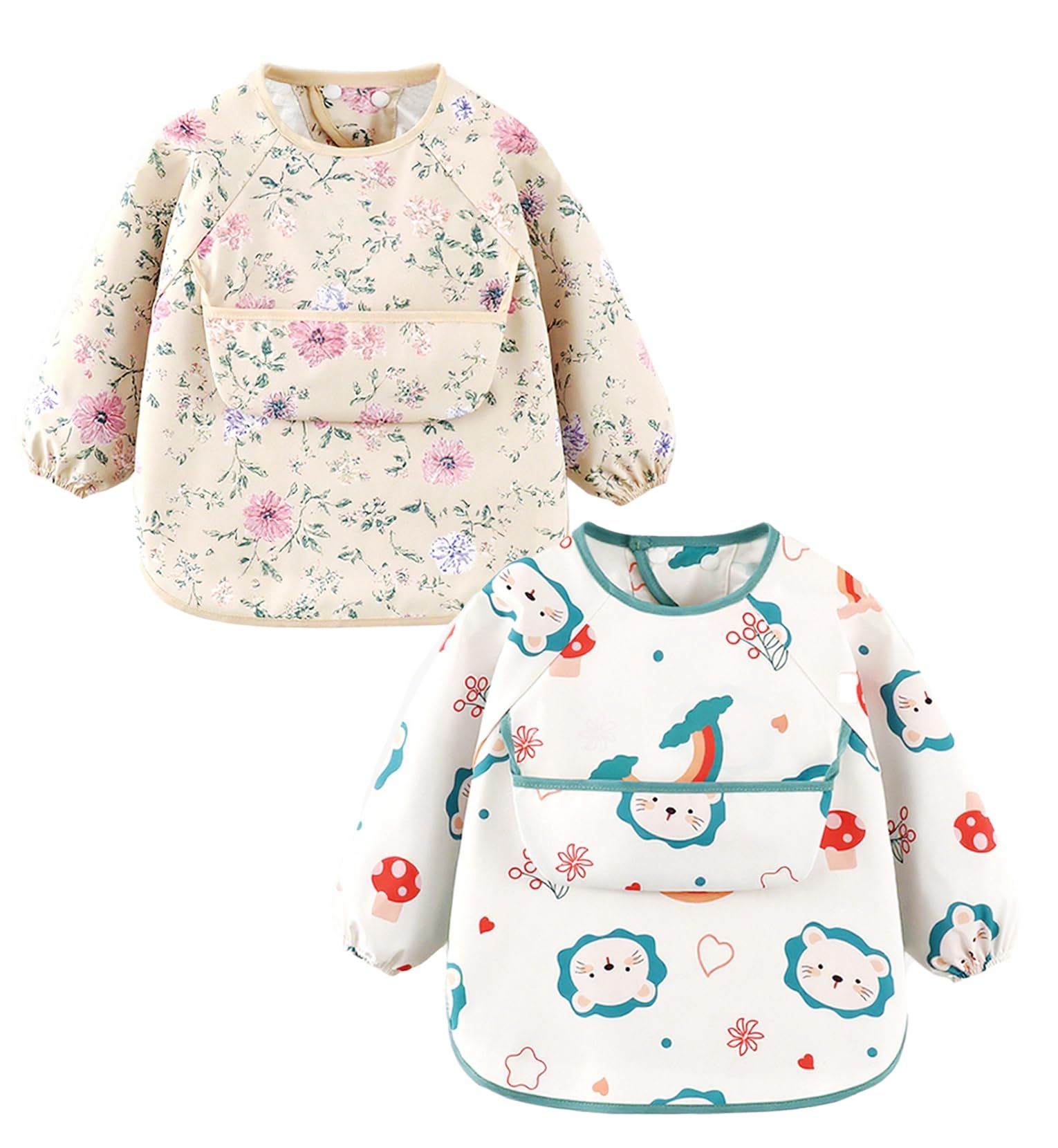 NEAWEALY Baby Waterproof Bibs Boys Girls Weaning Bib Long Sleeve 2 Pack Lion + Floral 2-3 Years