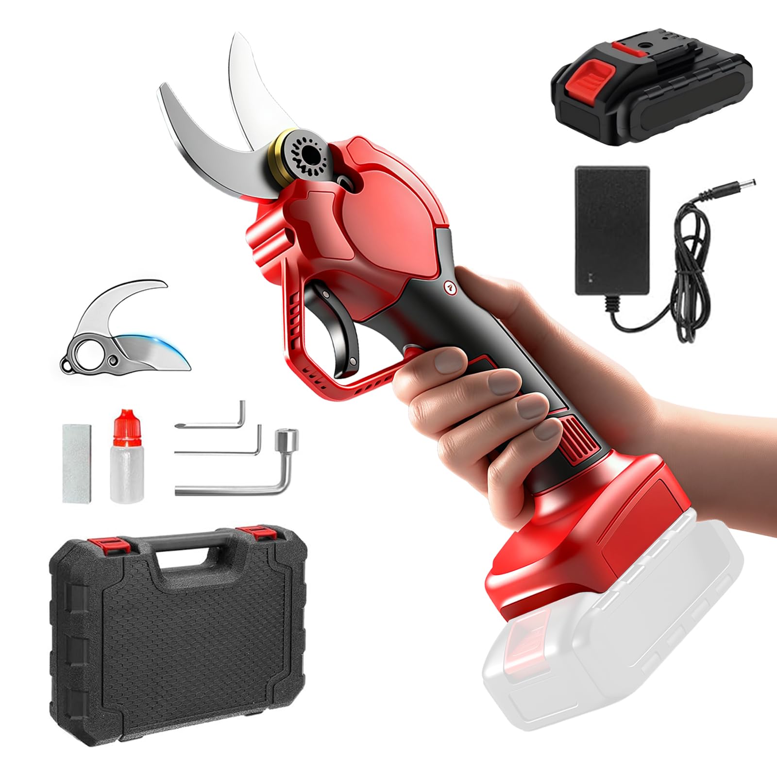 Tijeras de podar con batería de 2000 mAh, tijeras eléctricas sin escobillas con cuchillas SK5, diámetro de corte de 40 mm, piedra de afilar y cuchillas de repuesto, tijeras de podar eléctricas para