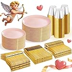 WDF 300Pcs Pink Plates Disposable - Pink and Gold Plastic Dinnerware Set for 50 Guests Include 50 Dinner & Cake Plates, 50 Disposable Cutlery, 50 9oz Cups for Wedding, Party, Valentine\'s Day