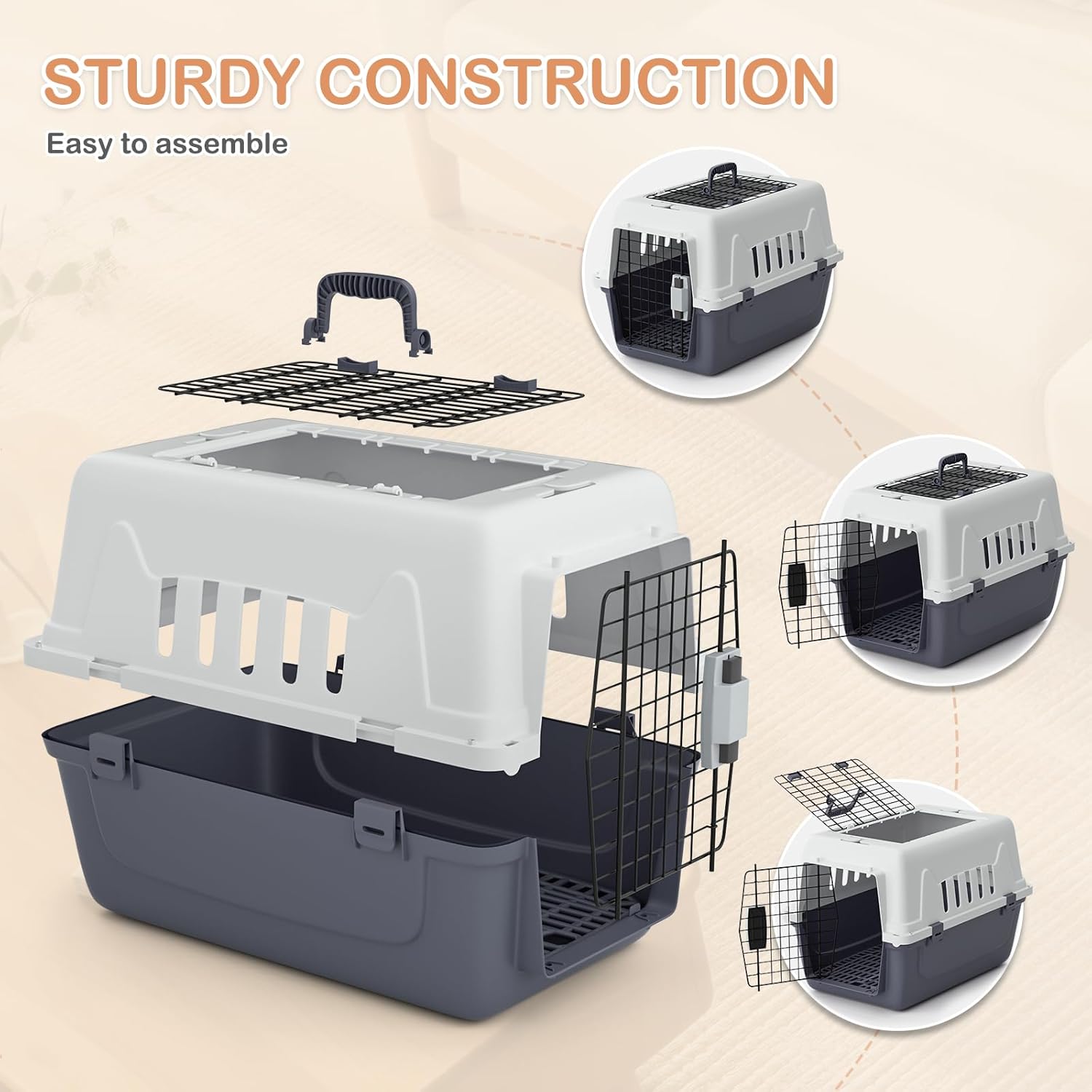 MoNiBloom 22-Inch Dog Crate Plastic 2-Door Top Loading Cat Carrier, Hard-Sided Dog Travel Carrier for Small Dogs and Cats, Ventilation and Security Lock Design for Pets up to 22 lbs (Grey)