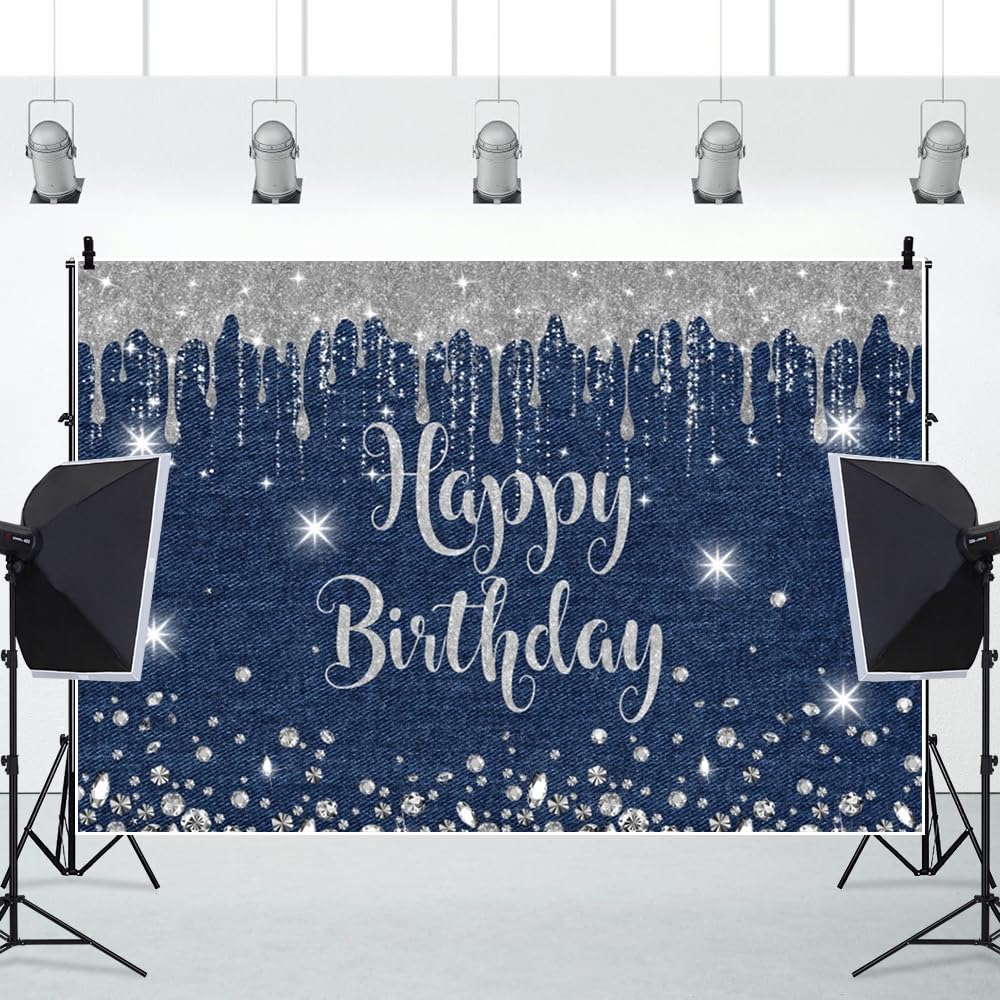 Leowefowa Baner "Happy Birthday", 2,4 x 1,2 m, winylowe, niebieskie, dżinsy, diamentowa kropla, na sesję zdjęciową, srebrne tło obrazowe dla dziewcząt, przyjęcie urodzinowe, baner, materiały