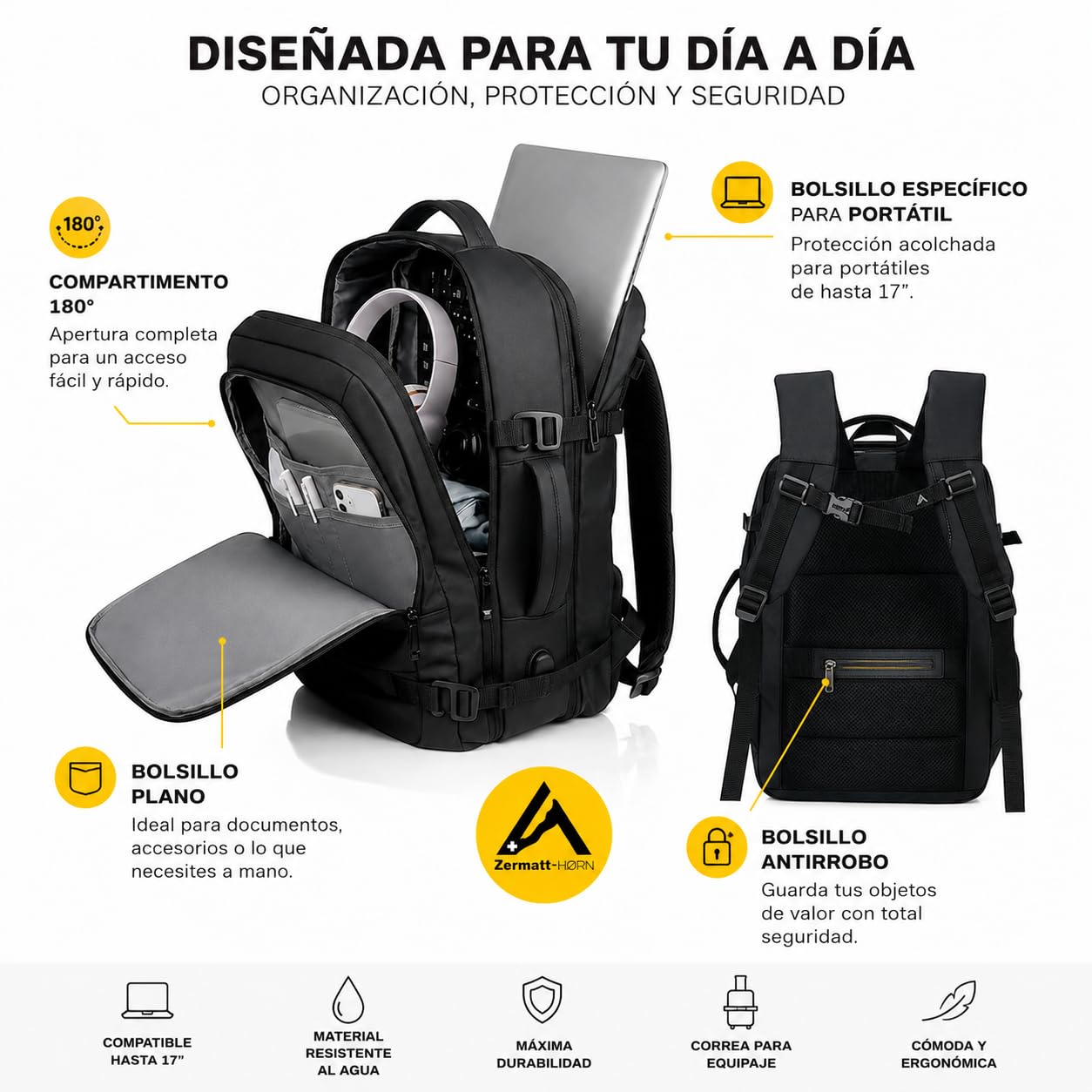 +ZERMATT-HORN Zaino da viaggio sottovuoto. Estensibile 25L a 30L, laptop da 15" a 17". Zaino da bagaglio a mano 40 x 30 x 20 cabina per volo con Ryanair, Vueling, Easyjet, Travel Backpack cabin.