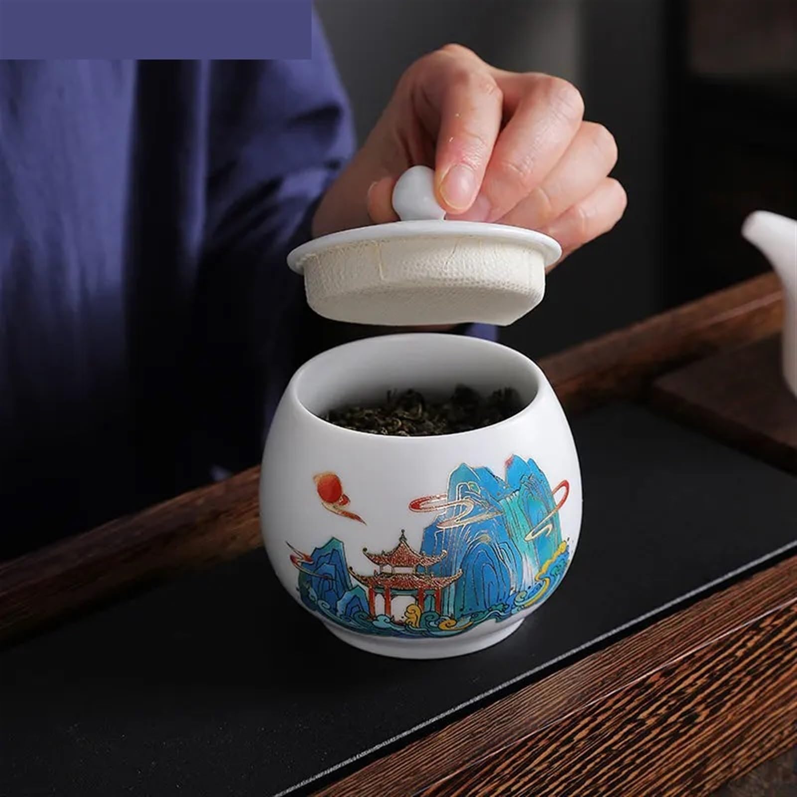 Caja de Te Carrito de té cerámica, lata almacenamiento multifuncional, tarro sellado porcelana, accesorios juego, contenedor cocina(D)