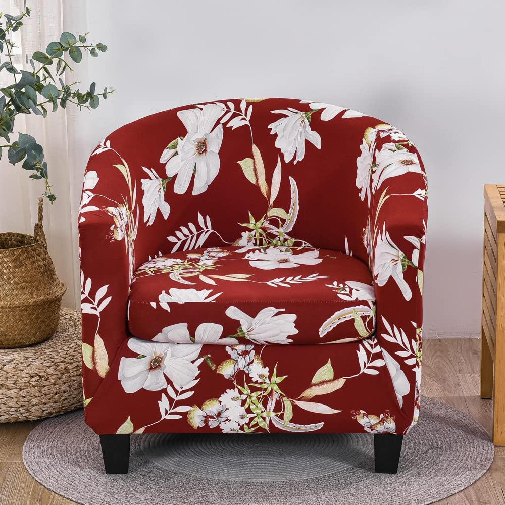 Highdi Burgundy Red 2 Piece Classic Floral Tub Chair Cover Armchair Slipcovers With Cushion Cover Stretch Spandex Removable Washable Tub Chair Protector For Club Living Room Reception (Burgundy Red)
