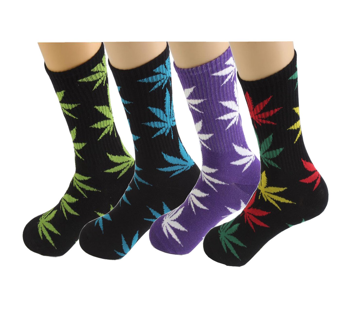 4 Pairs Pack Marijuana Weed Leaf Printed Cotton Athletic Sports High Crew Socks for Women Men(B-4 pairs)